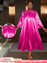 AOMEIDRESS Loose Shiny Satin A Line Dress Stand Collar Lace Up Bow Rose / L