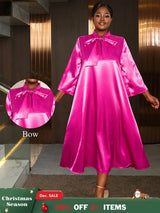 AOMEIDRESS Loose Shiny Satin A Line Dress Stand Collar Lace Up Bow Rose / L