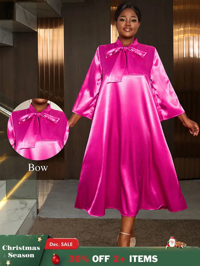 AOMEIDRESS Loose Shiny Satin A Line Dress Stand Collar Lace Up Bow Rose / L