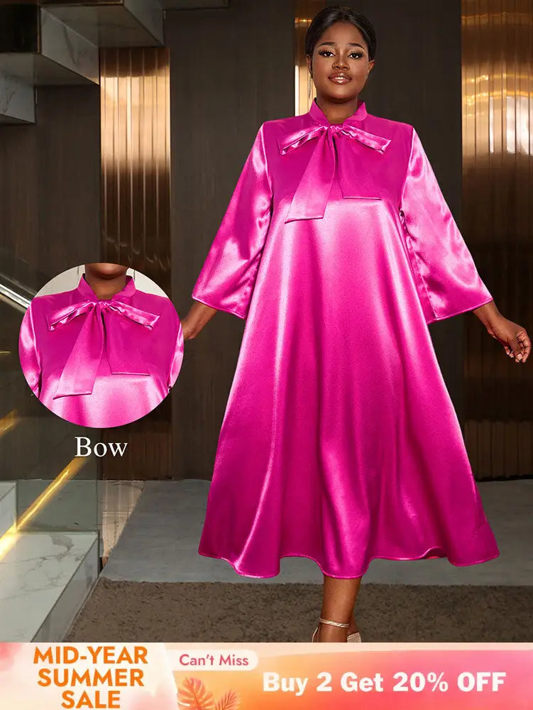 AOMEIDRESS Loose Shiny Satin A Line Dress Stand Collar Lace Up Bow Rose / L