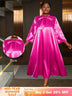 AOMEIDRESS Loose Shiny Satin A Line Dress Stand Collar Lace Up Bow Rose / L