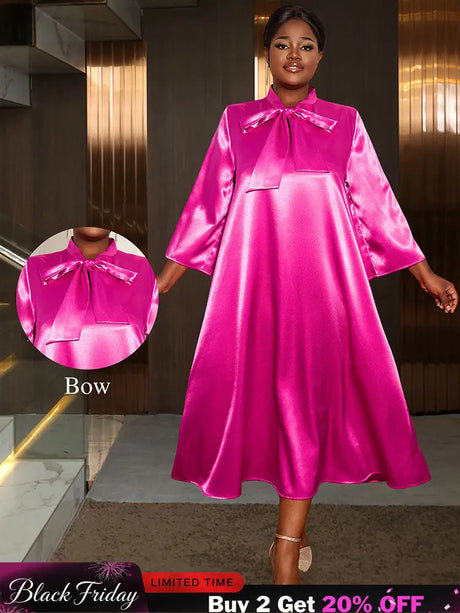 AOMEIDRESS Loose Shiny Satin A Line Dress Stand Collar Lace Up Bow Rose / L