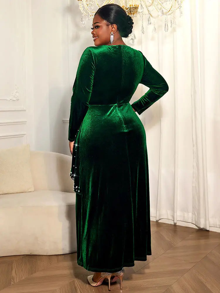 AOMEIDRESS Luxury A Line Velvet Dress Peplum Belt Church Party Gowns