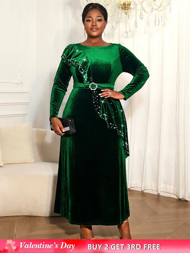AOMEIDRESS Luxury A Line Velvet Dress Peplum Belt Church Party Gowns DarkGreen / L