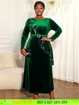AOMEIDRESS Luxury A Line Velvet Dress Peplum Belt Church Party Gowns DarkGreen / L