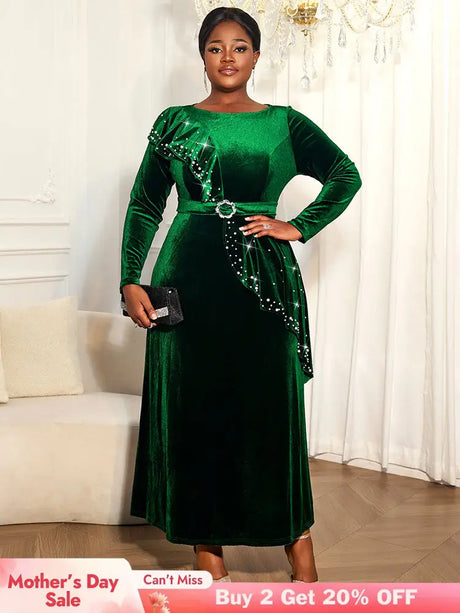 AOMEIDRESS Luxury A Line Velvet Dress Peplum Belt Church Party Gowns DarkGreen / L