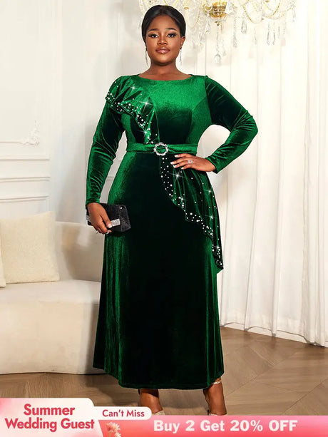 AOMEIDRESS Luxury A Line Velvet Dress Peplum Belt Church Party Gowns DarkGreen / L