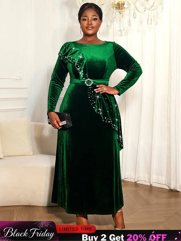 AOMEIDRESS Luxury A Line Velvet Dress Peplum Belt Church Party Gowns DarkGreen / L