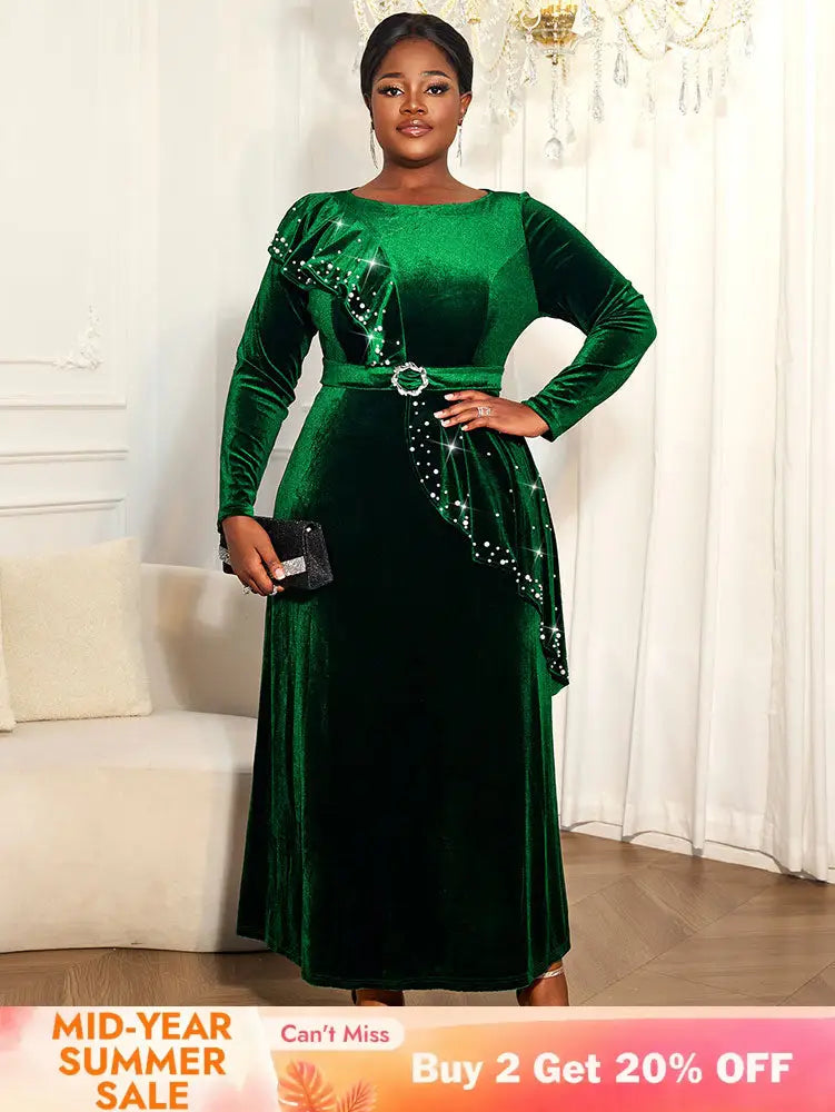 AOMEIDRESS Luxury A Line Velvet Dress Peplum Belt Church Party Gowns DarkGreen / L