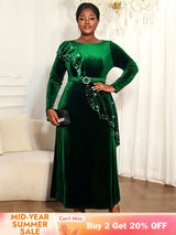 AOMEIDRESS Luxury A Line Velvet Dress Peplum Belt Church Party Gowns DarkGreen / L