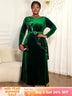 AOMEIDRESS Luxury A Line Velvet Dress Peplum Belt Church Party Gowns DarkGreen / L