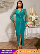 AOMEIDRESS Luxury Beading Dress with Sheer Sleeve for Wedding Party LakeGreen / S