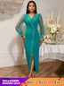 AOMEIDRESS Luxury Beading Dress with Sheer Sleeve for Wedding Party LakeGreen / S