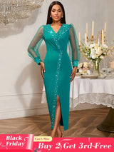 AOMEIDRESS Luxury Beading Dress with Sheer Sleeve for Wedding Party LakeGreen / S