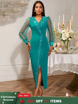 AOMEIDRESS Luxury Beading Dress with Sheer Sleeve for Wedding Party LakeGreen / S