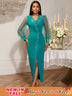AOMEIDRESS Luxury Beading Dress with Sheer Sleeve for Wedding Party LakeGreen / S