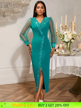 AOMEIDRESS Luxury Beading Dress with Sheer Sleeve for Wedding Party LakeGreen / S