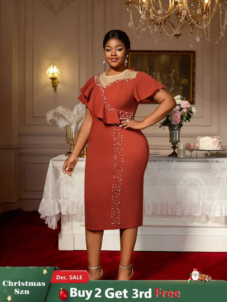 AOMEIDRESS Luxury Dress Grace Embroidered Flares Butterfly Sleeve BrickRed / S