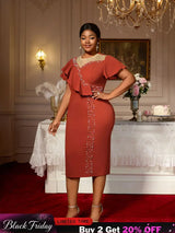 AOMEIDRESS Luxury Dress Grace Embroidered Flares Butterfly Sleeve BrickRed / S