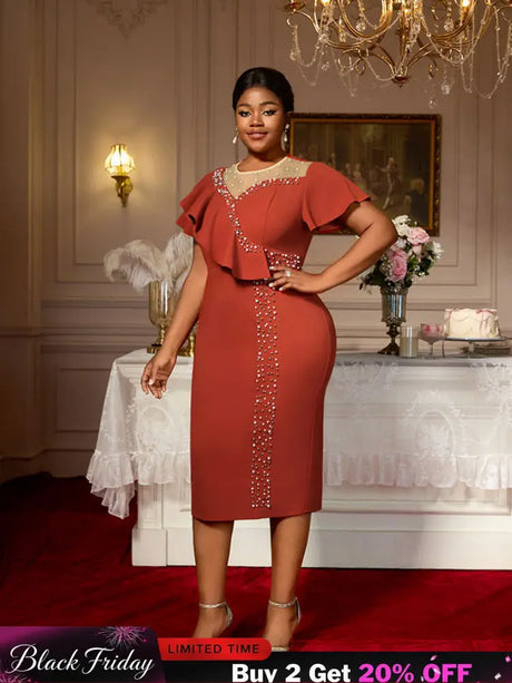 AOMEIDRESS Luxury Dress Grace Embroidered Flares Butterfly Sleeve BrickRed / S
