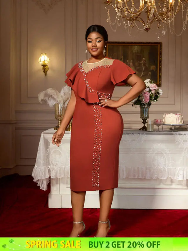 AOMEIDRESS Luxury Dress Grace Embroidered Flares Butterfly Sleeve BrickRed / S