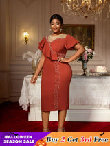 AOMEIDRESS Luxury Dress Grace Embroidered Flares Butterfly Sleeve BrickRed / S