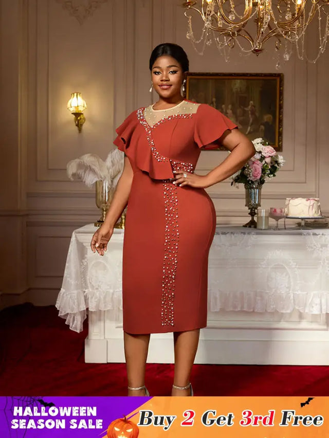 AOMEIDRESS Luxury Dress Grace Embroidered Flares Butterfly Sleeve BrickRed / S