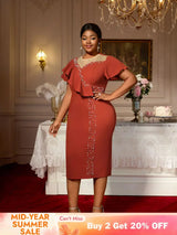 AOMEIDRESS Luxury Dress Grace Embroidered Flares Butterfly Sleeve BrickRed / S