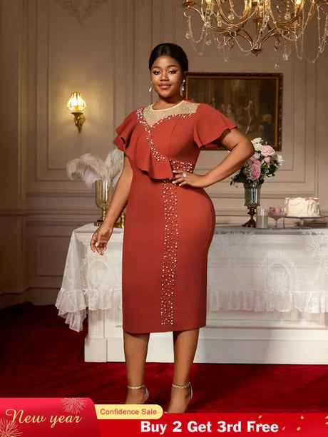 AOMEIDRESS Luxury Dress Grace Embroidered Flares Butterfly Sleeve BrickRed / S