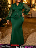 AOMEIDRESS Luxury Mermaid Dress V Neck Ruffled Flared Sleeves Beading - DarkGreen / L