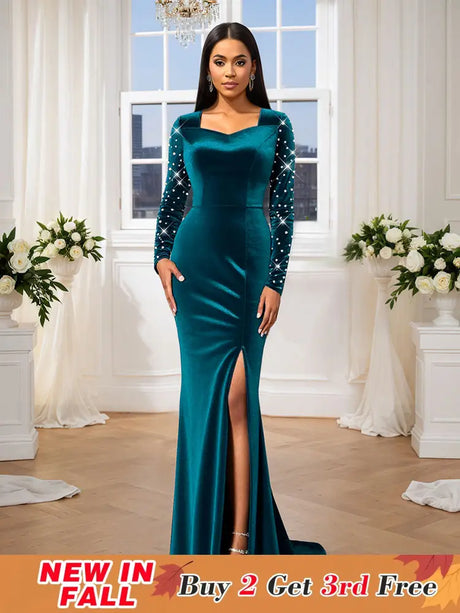 AOMEIDRESS Luxury Mermaid Floor Length Beading Dress for Wedding Party PeacockBlue / S