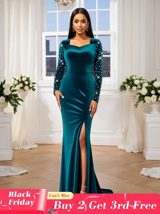 AOMEIDRESS Luxury Mermaid Floor Length Beading Dress for Wedding Party PeacockBlue / S