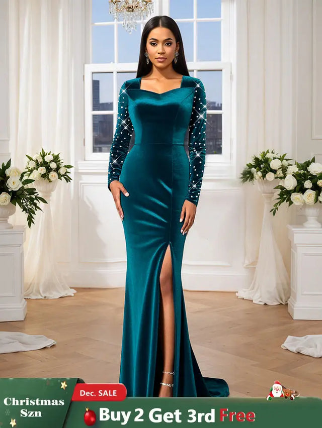 AOMEIDRESS Luxury Mermaid Floor Length Beading Dress for Wedding Party PeacockBlue / S