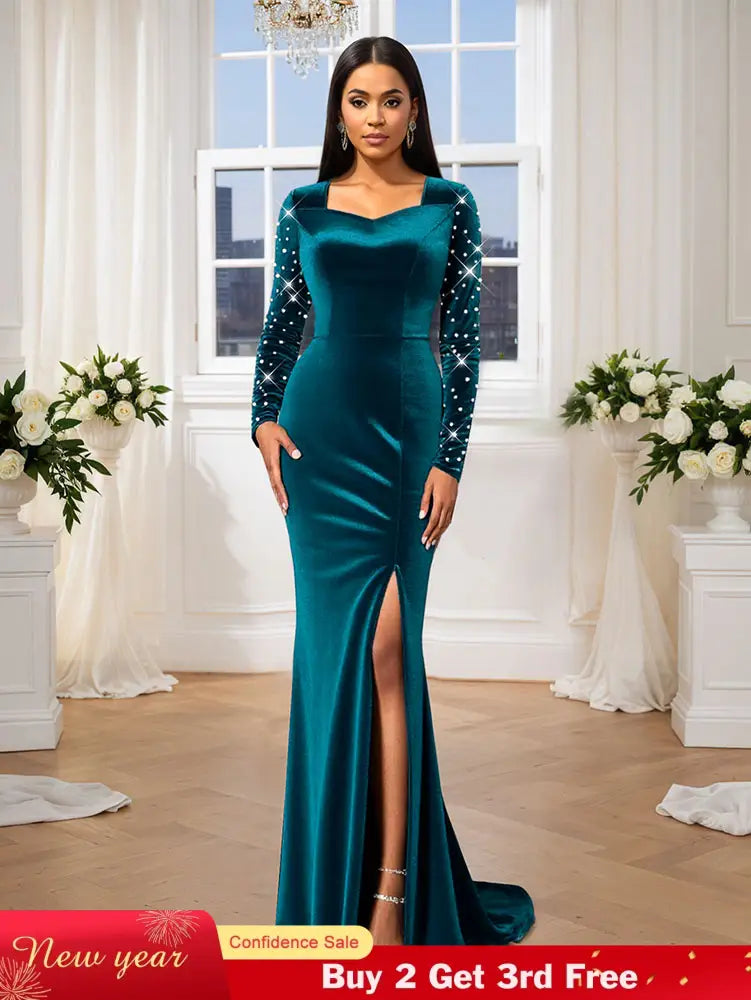 AOMEIDRESS Luxury Mermaid Floor Length Beading Dress for Wedding Party PeacockBlue / S