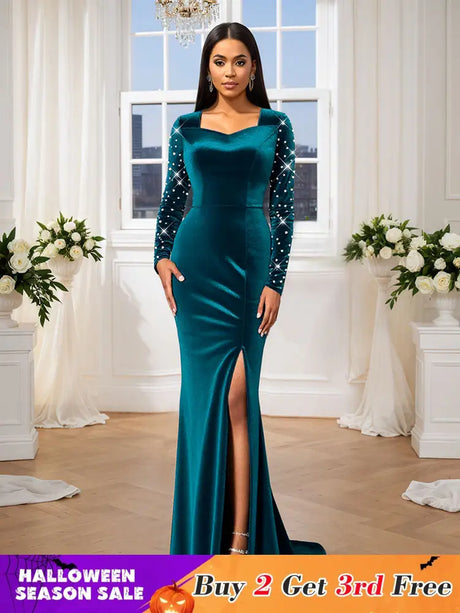 AOMEIDRESS Luxury Mermaid Floor Length Beading Dress for Wedding Party PeacockBlue / S