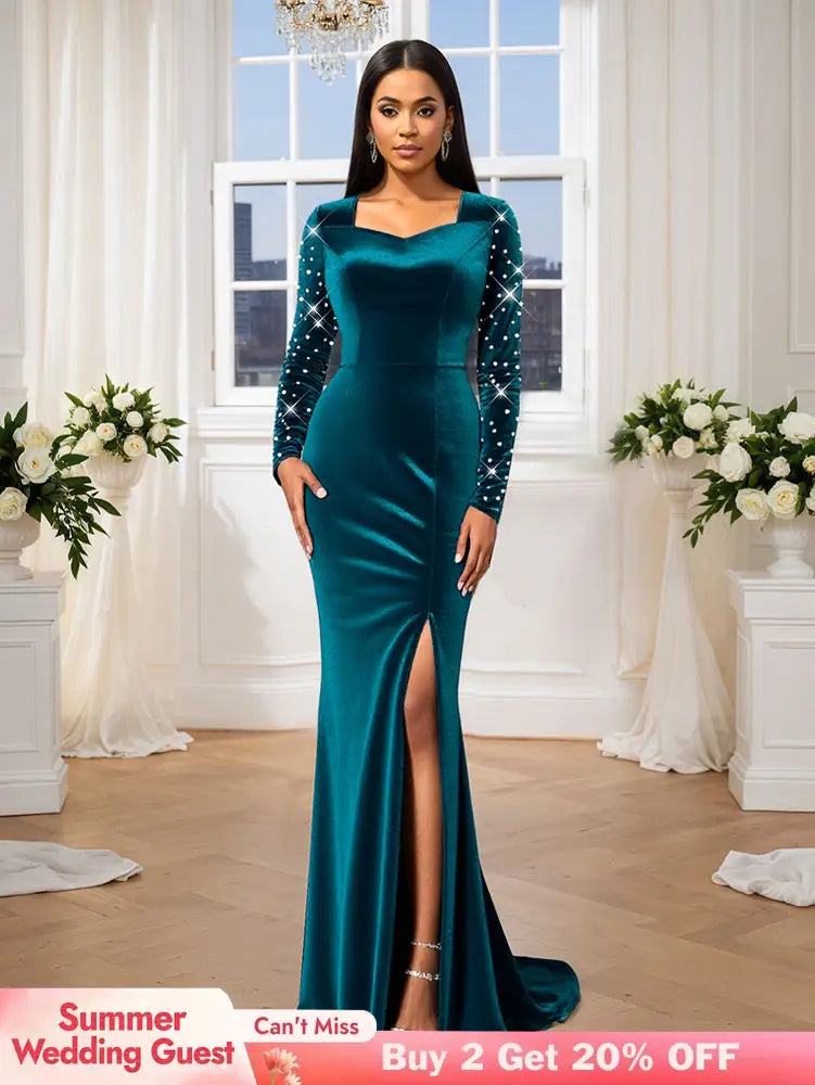 AOMEIDRESS Luxury Mermaid Floor Length Beading Dress for Wedding Party PeacockBlue / S