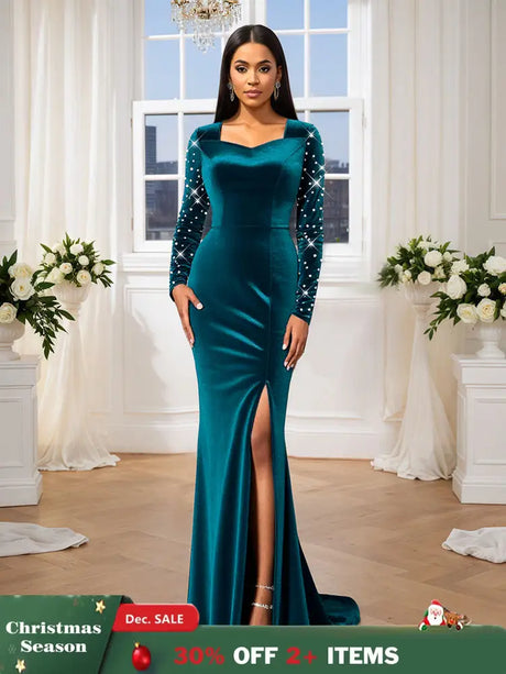 AOMEIDRESS Luxury Mermaid Floor Length Beading Dress for Wedding Party PeacockBlue / S