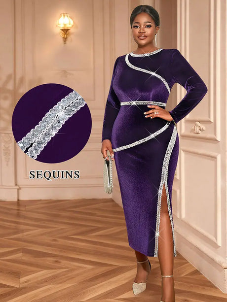 AOMEIDRESS Luxury Velvet Purple Dress Sequin Side Slit Evening Party