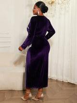 AOMEIDRESS Luxury Velvet Purple Dress Sequin Side Slit Evening Party