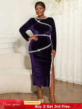 AOMEIDRESS Luxury Velvet Purple Dress Sequin Side Slit Evening Party DeepPurple / L