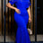 AOMEIDRESS Mermaid Dress O Neck Short Sleeves Ruffles Darped Beading - Blue / S