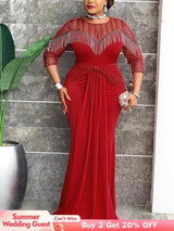 AOMEIDRESS Mermaid Dress Patchwork O Neck Fringe Sheer Sequin Sleeves