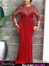 AOMEIDRESS Mermaid Dress Patchwork O Neck Fringe Sheer Sequin Sleeves