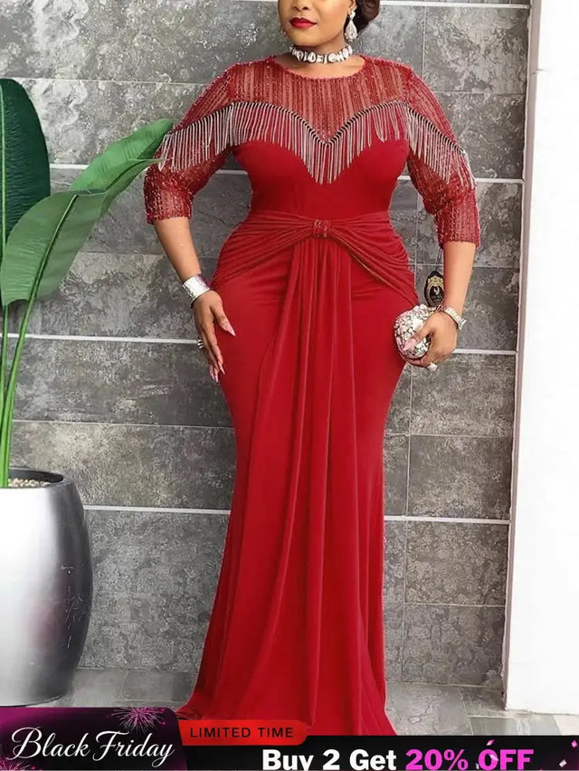 AOMEIDRESS Mermaid Dress Patchwork O Neck Fringe Sheer Sequin Sleeves