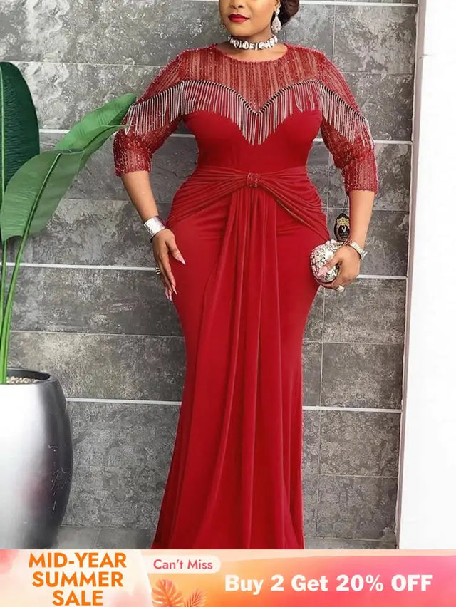 AOMEIDRESS Mermaid Dress Patchwork O Neck Fringe Sheer Sequin Sleeves