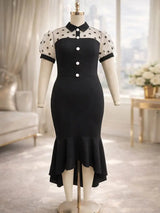 AOMEIDRESS Mermaid Dress Patchwork Sheer Mesh Dot Short Puff Sleeves