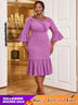 AOMEIDRESS Mermaid Dress V Neck Ruffles 3/4 Flare Sleeve High Waist Purple / S