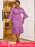 AOMEIDRESS Mermaid Dress V Neck Ruffles 3/4 Flare Sleeve High Waist Purple / S