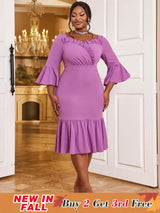 AOMEIDRESS Mermaid Dress V Neck Ruffles 3/4 Flare Sleeve High Waist Purple / S
