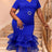 AOMEIDRESS Mermaid Dresses V Neck Waist Cinching Tiered Ruffles Hem - Blue / S